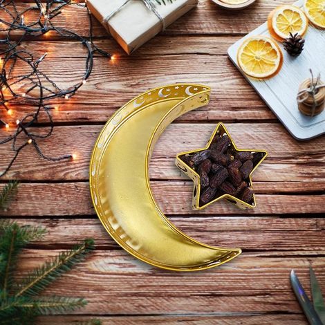 Serviertablett für Ramadan mit Halbmond und Stern, muslimisches Speisetablett, islamischer Mubarak, festliche Dekoration für Mahlzeiten. (1/5)