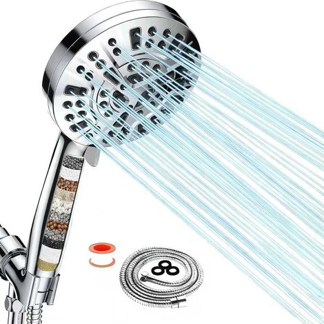 Pommeau de Douche Anti Calcaire, Pommeau de Douche Haute Pression Economie d'Eau avec Filtre, Pomme de Douche avec Tuyau et Filtrant, 10 Types de Jets, Tête de Douche avec 15 Filtres (1/5)