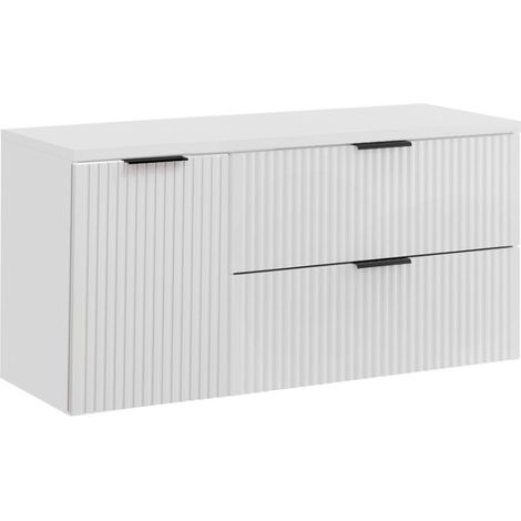 Conjunto de baño NOXERA 120 cm – Mueble bajo lavabo suspendido blanco mate con encimera para lavabo y cesto de ropa