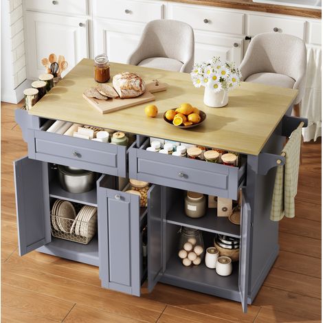 Isla de cocina móvil con tablero abatible, 121 x 69 x 89 cm, MDF, gris HAVRYA (1/5)