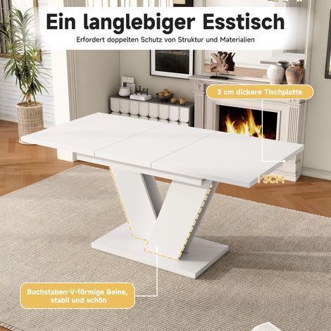 Table extensible avec 6 chaises velours beige, table à manger blanche 120/160x80 cm, pieds en V, plateau épais, ensemble salle à manger escamotable (1/5)