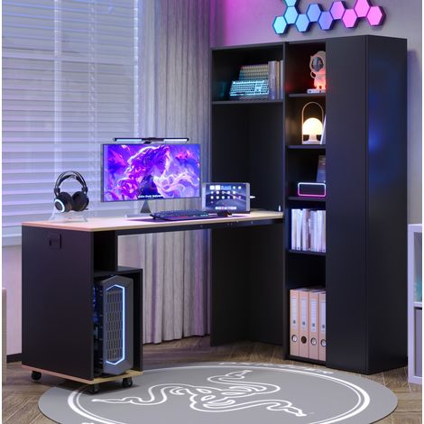 Escritorio plegable 2 en 1 con estante, enchufe europeo y USB, 104,5 x 30,5 x 160 cm, ahorra espacio, MDF de roble negro. (1/5)