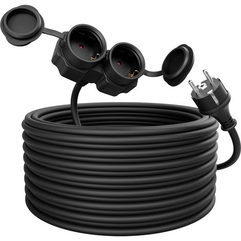 1 Rallonge électrique 20m, 2 Prises, IP44 Étanche, 3500W, Câble Caoutchouc, Jardin Chantier