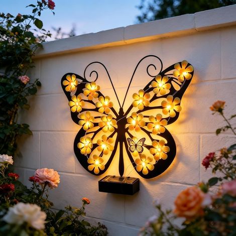 Lampe murale solaire de jardin en forme de papillon avec 30 LED, 24,9 cm, lampe de clôture éclairée en métal pour extérieur, patio, porche, cour, applique, décoration artistique, cadeau (1/5)