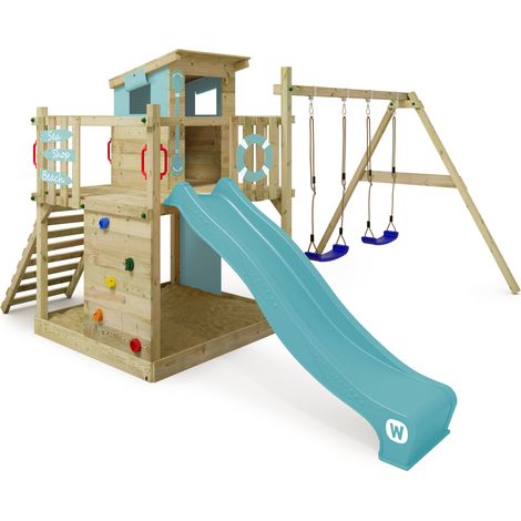 Parque infantil de madera Wickey Smart Camp con Casita de juegos y Columpio en azul cielo