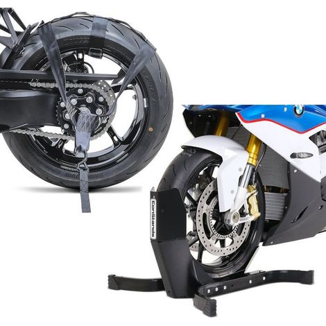 Blocco Ruota Easy Plus Cavalletto Anteriore per ruote max. 21" nero + Cinghia ruota posteriore moto di ancoraggio per trasporto nero