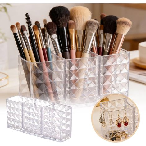 3-compartment clear acrylic pencil holder for pens, pencils, makeup brushes, pen holder for classroom, office, acrylic (transparent)