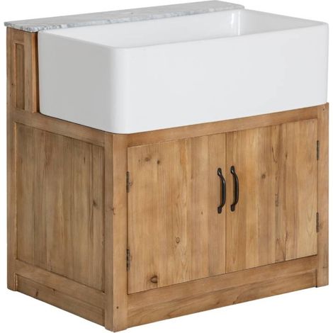 Made In Meubles – Meuble bas de cuisine en bois recyclé avec évier céramique – Dimensions 86x84x61cm – Rangement intégré – Poignées frigo (1/5)