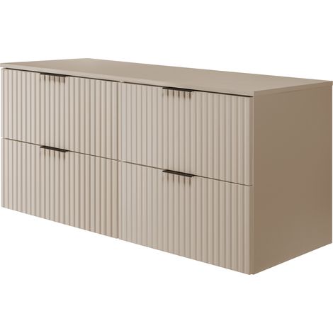 Furnidea - Meuble de salle de bain à suspendre avec le plan FLOW cachemire 120 cm - 4 tiroirs - façades rainurées (1/5)