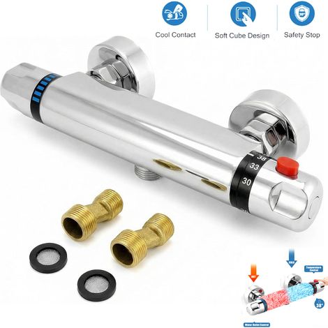 Mitigeur Douche Thermostatique Robinet Douche Entraxe 150mm, Raccord G 1/2, Laiton, Anti-brûlure, 38 ℃  Robinet Thermostatique Douche, Chromé (1/5)