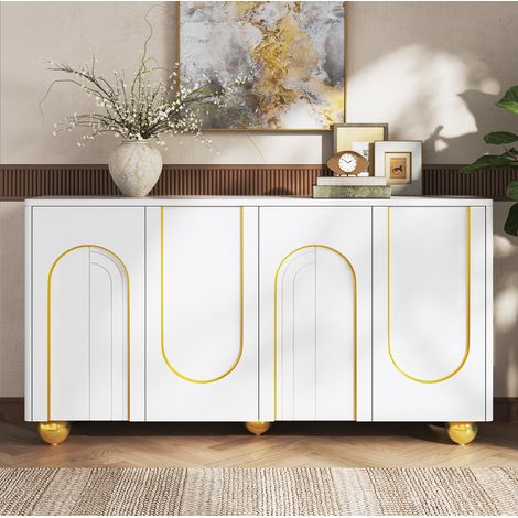 MEUBLIV Buffet 140 x 40 x 74 cm blanc – 4 portes, rangements, pieds métalliques (1/5)