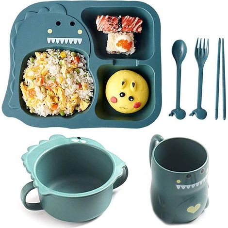 Service de table Bcaer pour enfants, ensemble de 6 pièces comprenant assiette, bol, tasse, cuillère et fourchette, motif petits dinosaures, rose (1/5)
