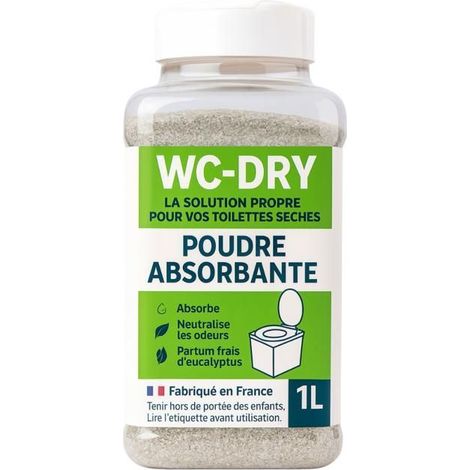 Poudre absorbante WC-DRY 1L pour toilettes sèches - Désodorisant naturel eucalyptus, fabriquée en France