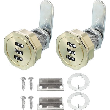 Serrure à came à combinaison 2 pièces en alliage de zinc sans clé à 3 chiffres Serrure d'armoire de classement Cylindre 1" Finition chromée Serrure de sécurité avec vis Or (1/5)