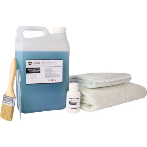Kit résine polyester 5 kg avec catalyseur, mat de verre 5 m² 300 g/m² et roving 300 g/m² pour réparation et stratification