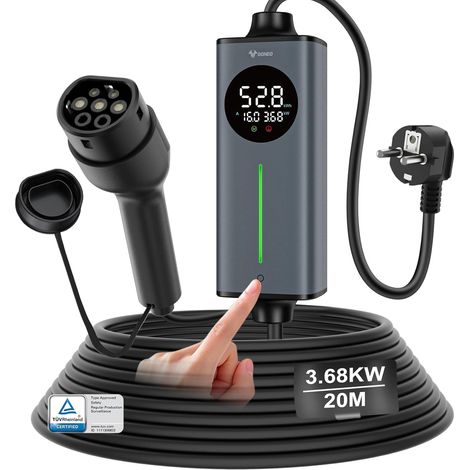 Schuko Type 2 20 m Electric Car Charger 16 A 3.68 kW  Temperature and Earth Sensor, AC 30mA + DC 6mA Protection, Adjustable Time and Current, Portable Charging Station for Home. (1/5)