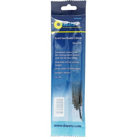 Dapetz® Pack of 10 Scroll Saw Blades 14 TPI 130mm Long Pin End Blades for Cutting Plastic Wood and Metal Alternate Offset Teeth 3mm Wide x 0.4mm Thick (1/5)