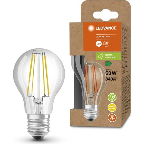 LEDVANCE Lampada a risparmio energetico a LED, lampadina a filamento di vetro, E27, bianco caldo (3000K), 4 watt, sostituisce lampadina da 60W, altamente efficiente, confezione da 1 (1/5)
