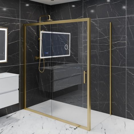 Cuisibane – Paroi de douche d'angle 170 cm x 90 cm – Verre trempé 6 mm – Aluminium or brossé – Système Stop Water pour étanchéité (1/4)