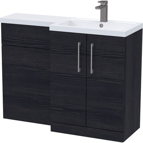 Balterley Right-Hand Bathroom Vanity and WC Unit Combination with Basin - 1100mm - Woodgrain Black with Brushed Pewter Handles
