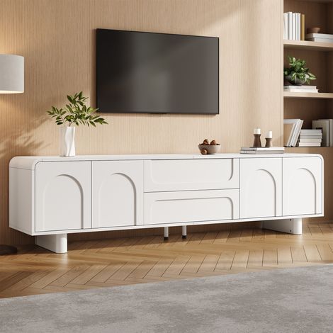 Modernluxe - Meuble TV 180 cm design arrondi avec façades à motifs arches, 4 portes et 2 tiroirs, style moderne - Blanc (1/5)