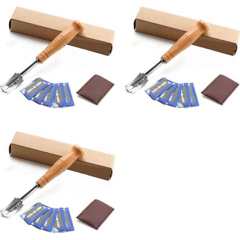 3-fach Brotschneider, Rasiermesser mit Holzgriff, für Brotbacken und als Küchenutensil, mit 15 Klingen. (1/5)