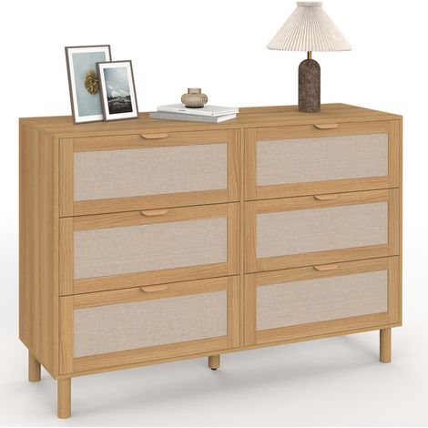 Kommode mit 6 Schubladen ROBIN 115 cm Aufbewahrungsmöbel aus Holz und Stoff mit Leineneffekt