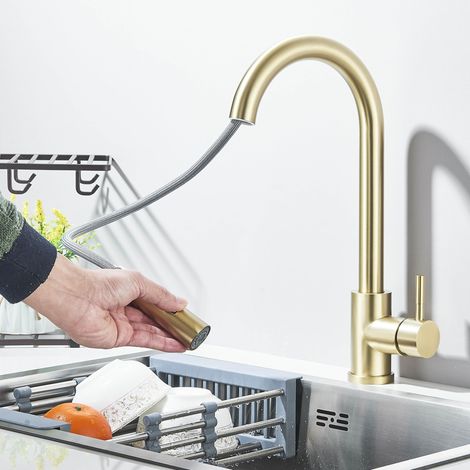 Robinet de cuisine à bec haut pour la cuisine avec douchette extensible Mitigeur haute pression pour cuisine Robinet d'évier de cuisine moderne Or brossé (1/5)