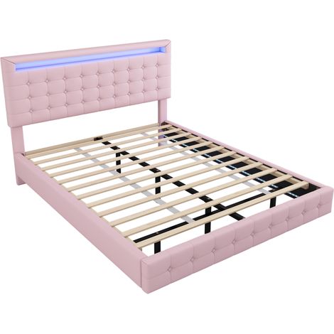 Cama flotante 140 x 200 cm con LED, PU rosa, cabecero regulable en 3 posiciones, HOMVRA (1/5)