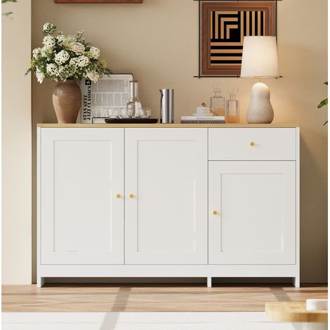 Buffet 120x40x75 cm bianco e naturale in MDF e truciolare con 3 porte, cassetto e ripiani regolabili (1/5)