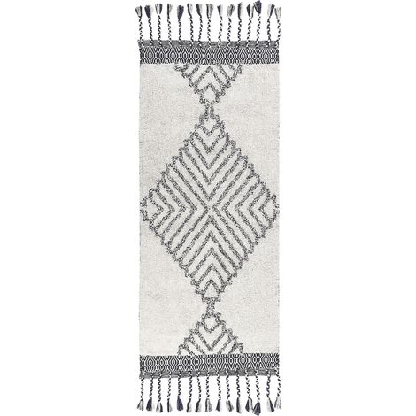 Tappeto in cotone con nappe bianco e nero 80 x 150 cm Eray