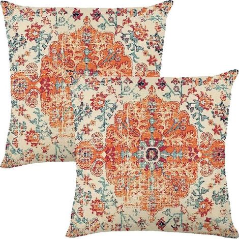 Motif ethnique housse coussin bohème 45x45 cm lot de 2 lin respirant, salon chambre ou extérieur confortable durable coloris orange (1/4)