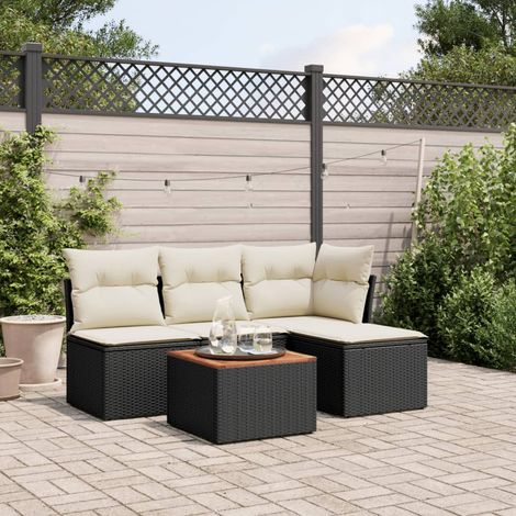 Ensemble Salon Jardin 5 Places Noir Résine Tressée avec Table Acacia et Coussins Crème - Meuble Extérieur Modulaire (1/3)