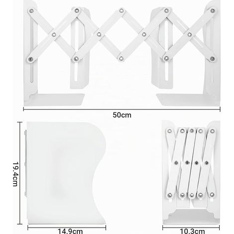 Serre-livres Métal, Extensible et Réglable, Porte-Livres 3 Niveaux, Blanc pour Bureau et Maison (1/4)