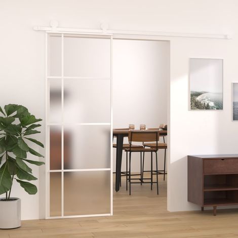 FIMEI Porte coulissante Verre ESG dépoli et aluminium 76x205 cm Blanc (1/5)