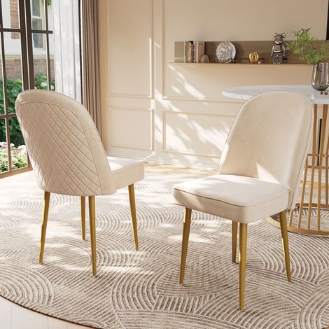 2 Esszimmerstühle 45,5/62/87,5 cm in Beige aus Samt mit goldfarbenen Metallbeinen (1/5)
