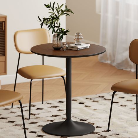Table à manger ronde 70 cm pour 2 personnes avec plateau en placage de bois massif et piétement en acier marron (1/5)