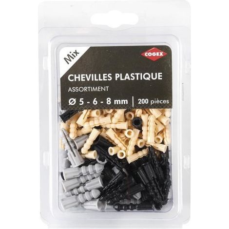 COGEX - CHEVILLE PLASTIQUE - ASSORTIMENT DE 200 PIèCES Ø 5-6-8MM - COULEUR: GRIS, NOIR, JAUNE - 100 PIèCES Ø 5MMX20MM + 60 PIèCE (1/2)