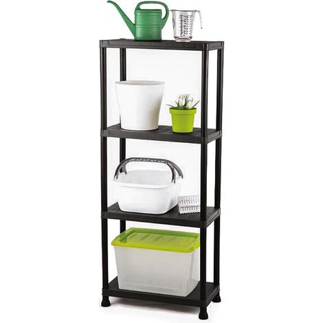 Perel Regal mit 4 Ablagen, werkzeuglose Montage, mit Wandbefestigung, 20 kg pro Ablage, 60x30x138 cm, Polypropylen, schwarz, ideal für Garage, Küche und Büro (1/4)
