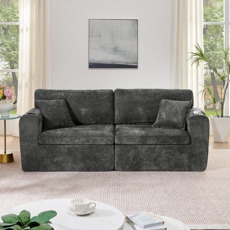 Canapé relax 2 places en chenille douce compact pour petits espaces porte-gobelet poche latérale coussins salon TV bureau noir