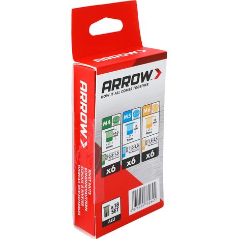 Arrow Blindnietmutter Set mit M4/M5/M6 Gewinde Aluminium 18 Stück (1/3)