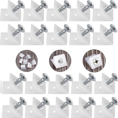 Lot de 20 connecteurs de paroi arrière et 20 vis en acier inoxydable, cales de tiroir, étagères de tiroir, paroi arrière d'armoire, support mural avec vis – Blanc (1/4)