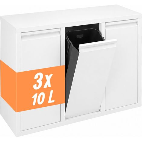 Relaxdays Mülleimer, 3 Fächer, 3x10 l, aufklappbar, entnehmbare Inneneimer, Metall, stehend oder Wandmontage, weiß