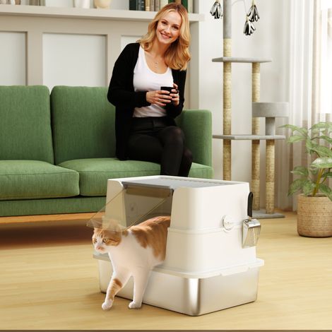 Katzentoilette, Edelstahl, XL-Innenraum, mit Schaufel, Hellgrau