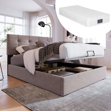 Letto singolo imbottito idraulico 90x200 cm, testiera regolabile, letto con struttura in metallo e rete a doghe, velluto, struttura letto moderna con vano contenitore, grigio chiaro (materasso incluso (1/5)
