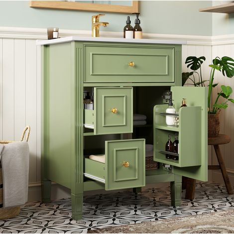 Mobile bagno verde brillante 61 cm con lavabo in ceramica, cassetti e anta ribaltabile (1/5)