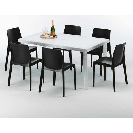 Tavolo Rettangolare Bianco 150x90 cm con 6 Sedie Colorate Rome Summerlife - Nero