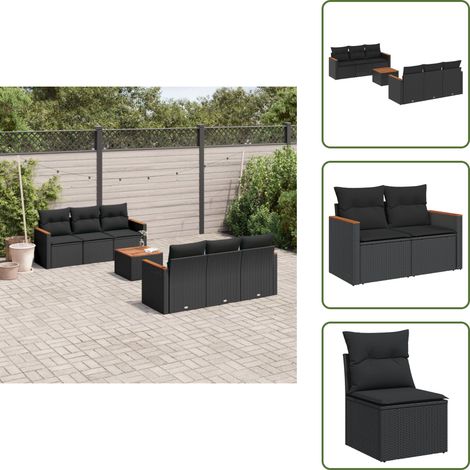 The Living Store Salon de jardin 7 pcs avec coussins noir résine tressée - Ensemble Salon De Jardin - Mobilier De Jardin - Canapé Extérieur - Table De Jardin - Chaise Lounge