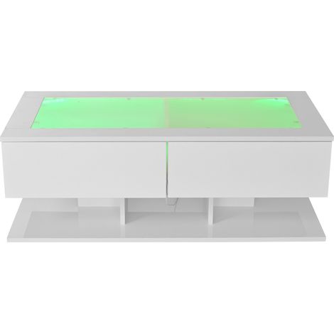 Mesa de centro 100 x 50 x 35 cm blanca brillo con 2 cajones, vidrio templado y luces LED (1/5)
