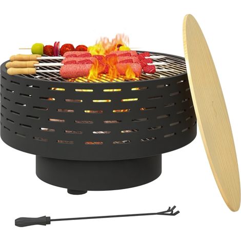 Brasero 3-en-1 en acier inoxydable avec grille de cuisson, pare-étincelles et tisonnier, table de jardin ronde couleur gris charbon pour terrasse et camping - CHICFURN (1/5)